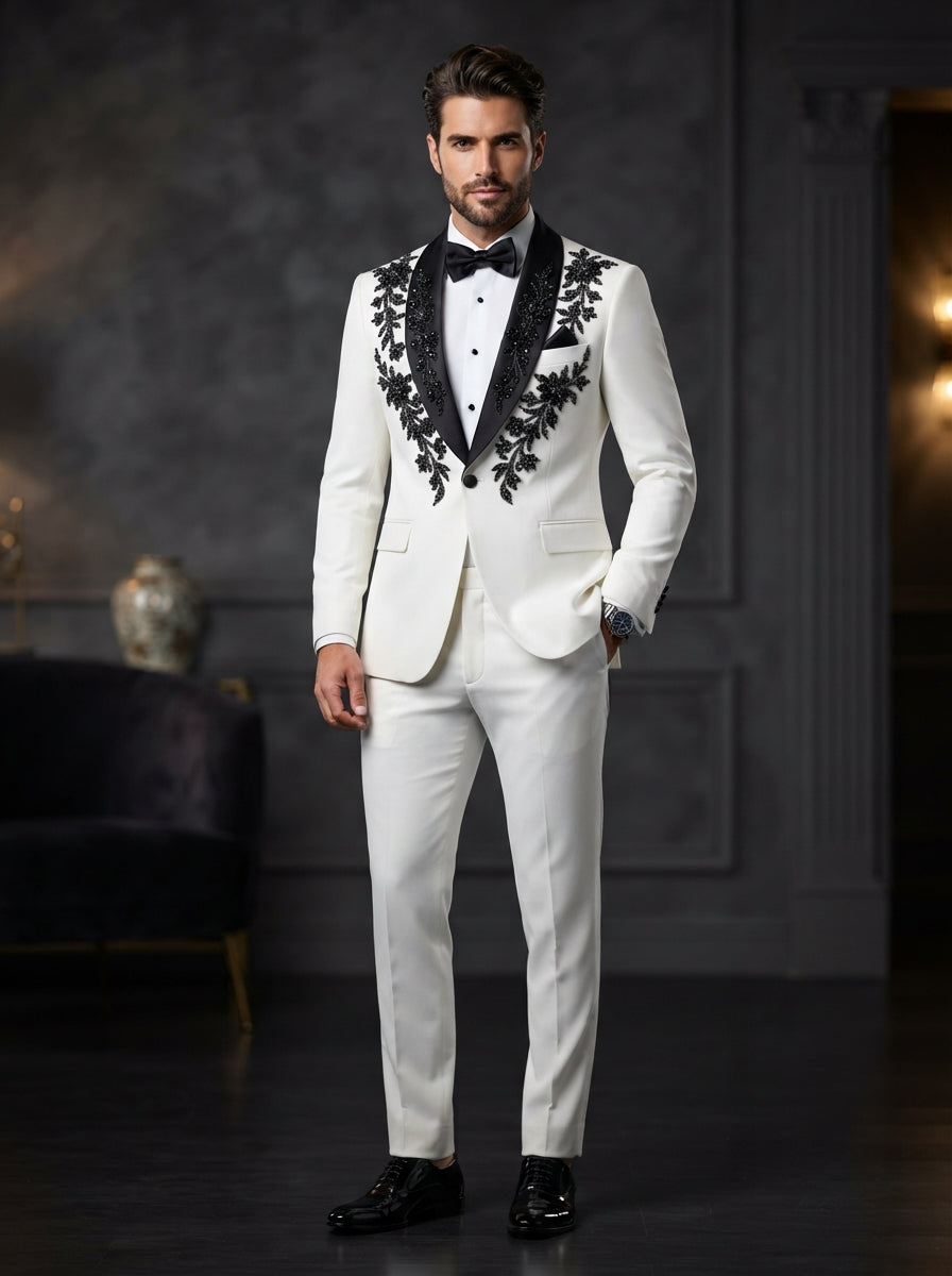 Elio Luxury Rhinestone Tuxedo — White & Black Floral Rhinestones
