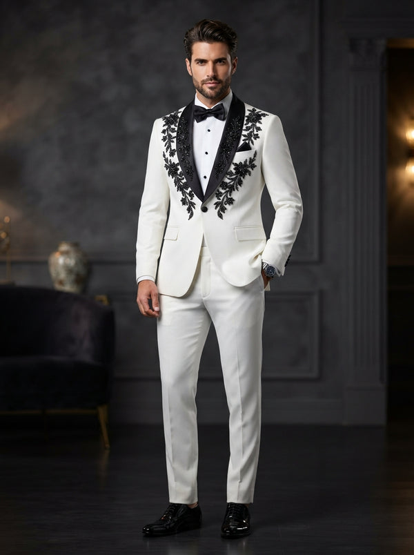 Elio Luxury Rhinestone Tuxedo — White & Black Floral Rhinestones