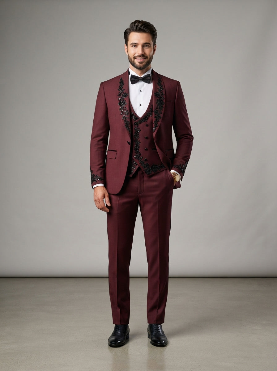 Chic 3PC Luxury Rhinestone Tuxedo — Burgundy Wine & Rhinestone Trim