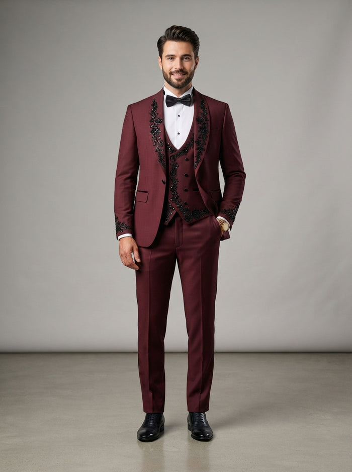 Chic 3PC Luxury Rhinestone Tuxedo — Burgundy Wine & Rhinestone Trim