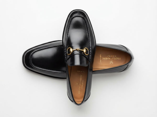 The Usher Moc Toe Bit Loafer — Polished Black w/ Gold Horsebit