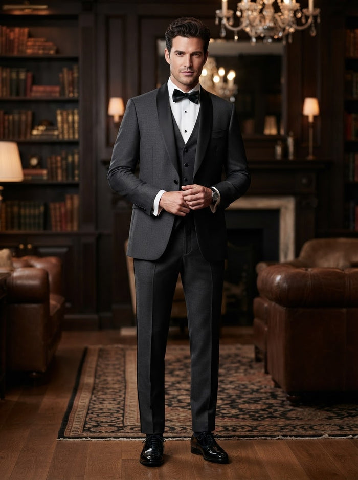 Encore 3PC Tailored Tuxedo — Charcoal Grey w/ Black Satin Shawl Lapel & Vest