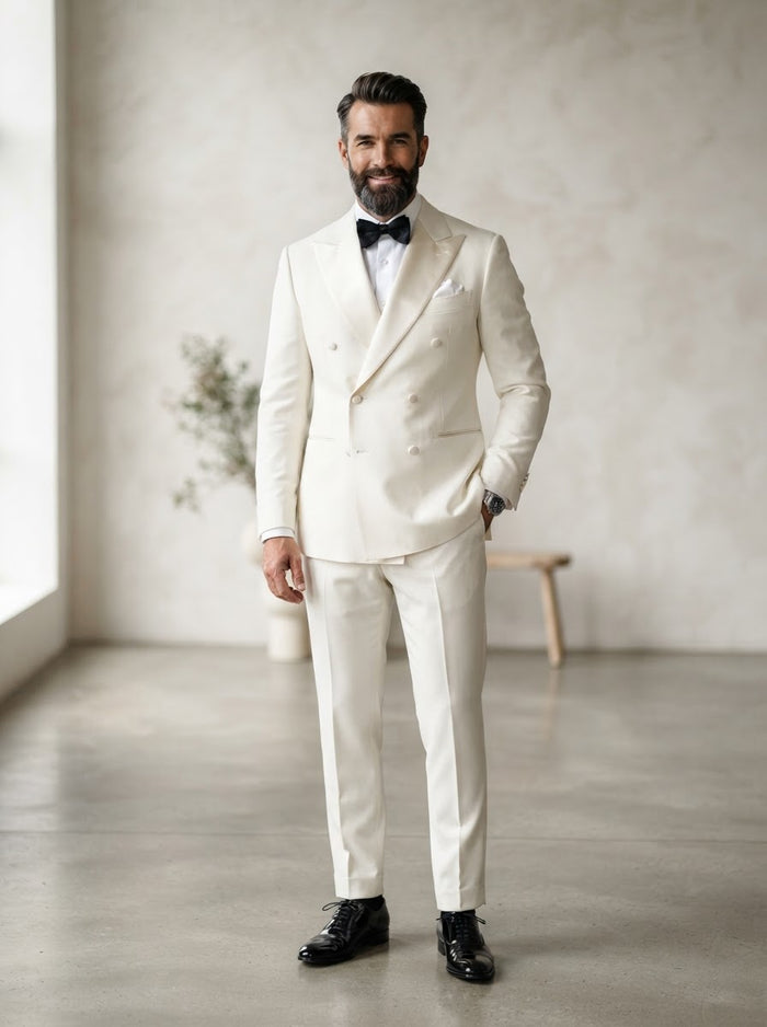 TDB-900 Luxurious Wool Feel Double Breasted Tuxedo — Ivory Off-White w/ Matching Satin Lapel