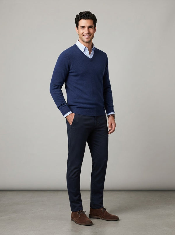Fine Knit V-Neck Sweater — Navy