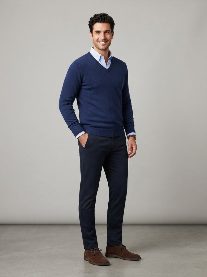 Fine Knit V-Neck Sweater — Navy
