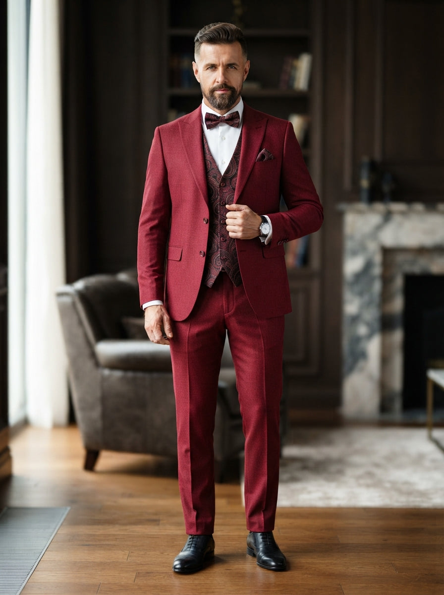Palmero 3PC Tailored Suit — Statement Red w/ Paisley Vest & Bow Tie