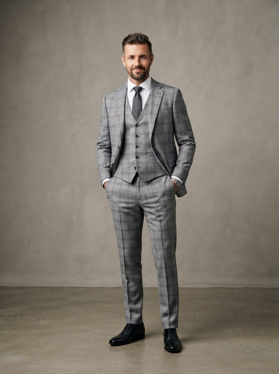 Gala 3PC Windowpane Plaid Suit — Light Grey Check Plaid