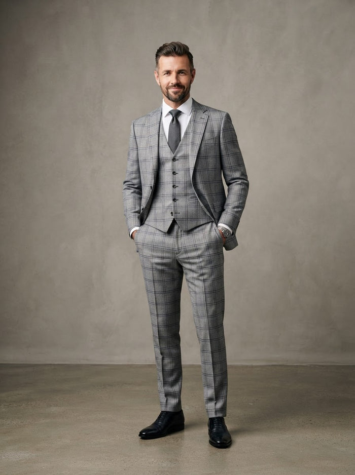 Gala 3PC Windowpane Plaid Suit — Light Grey Check Plaid