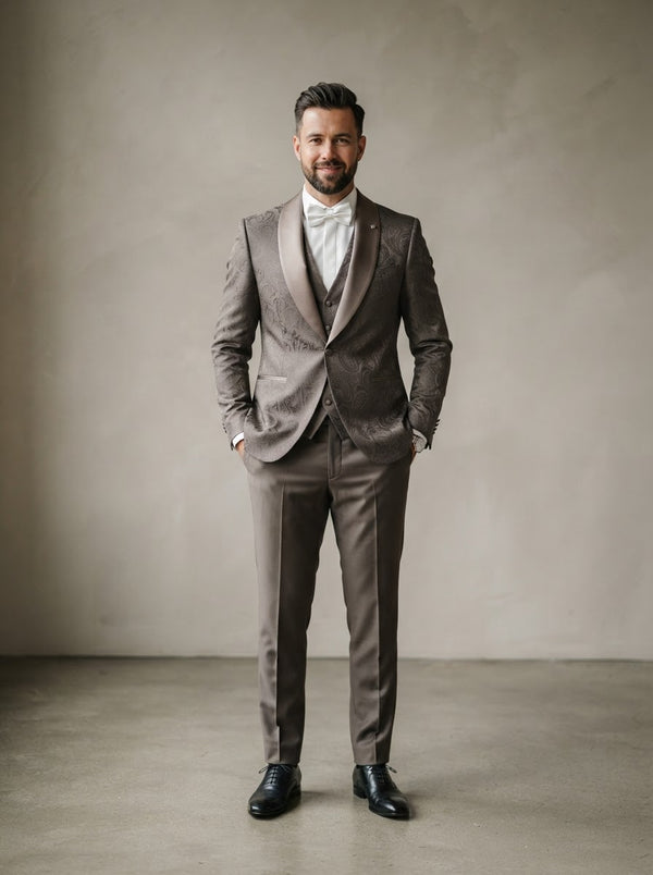 Gala 3PC Paisley Jacquard Suit — Brown & Grey Paisley w/ Taupe Satin Shawl Lapel