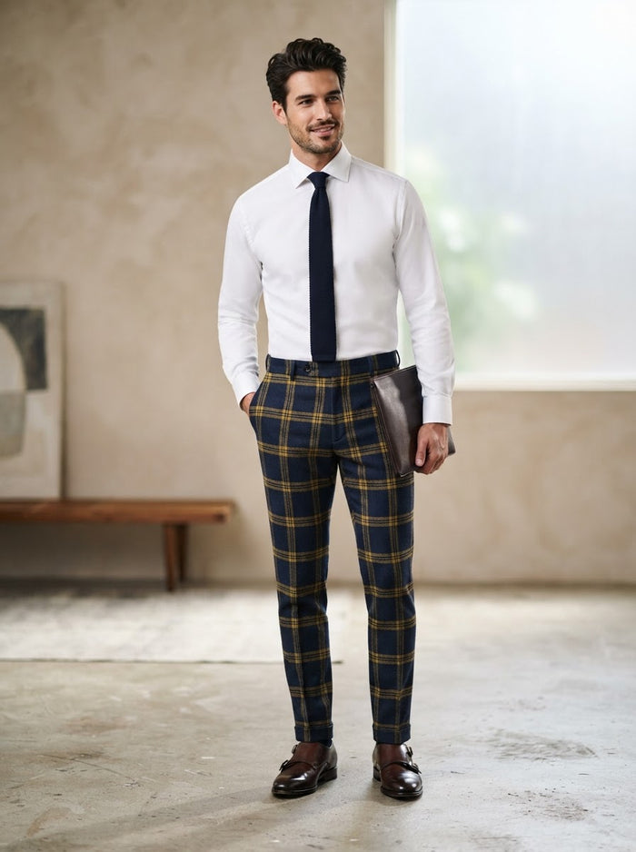 PL-301 Slim Fit Flat Front Plaid Dress Pants — Gold Yellow Windowpane Plaid