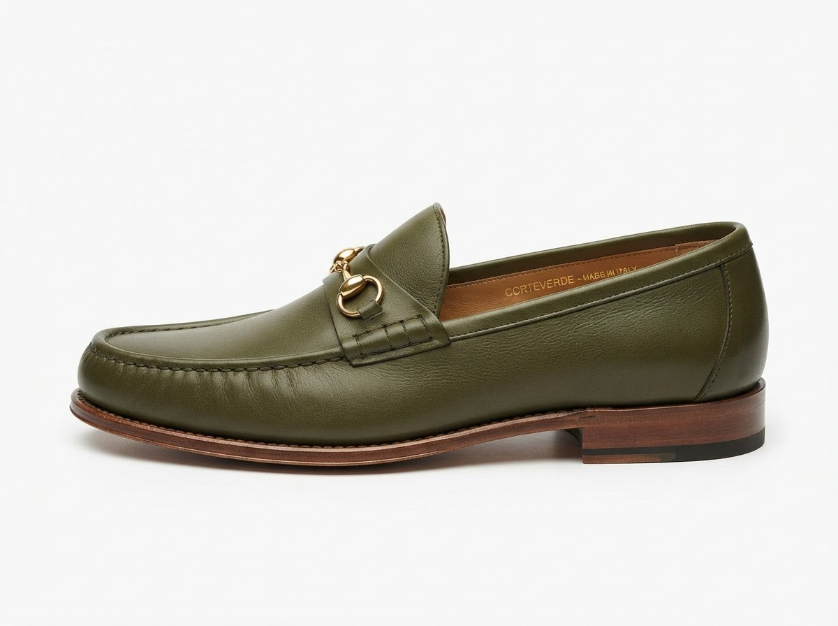 The Usher Moc Toe Cold Bit Slip-On — Olive Green Leather w/ Bit Detail