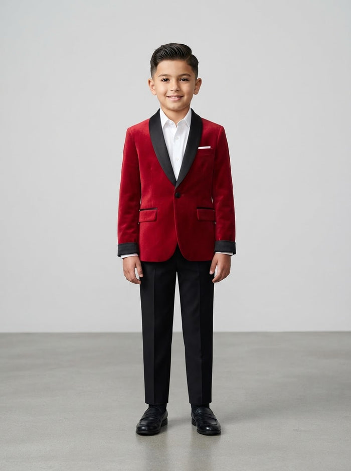 PBJ408 Boy Velvet Blazer — Red Velvet w/ Satin Shawl Collar