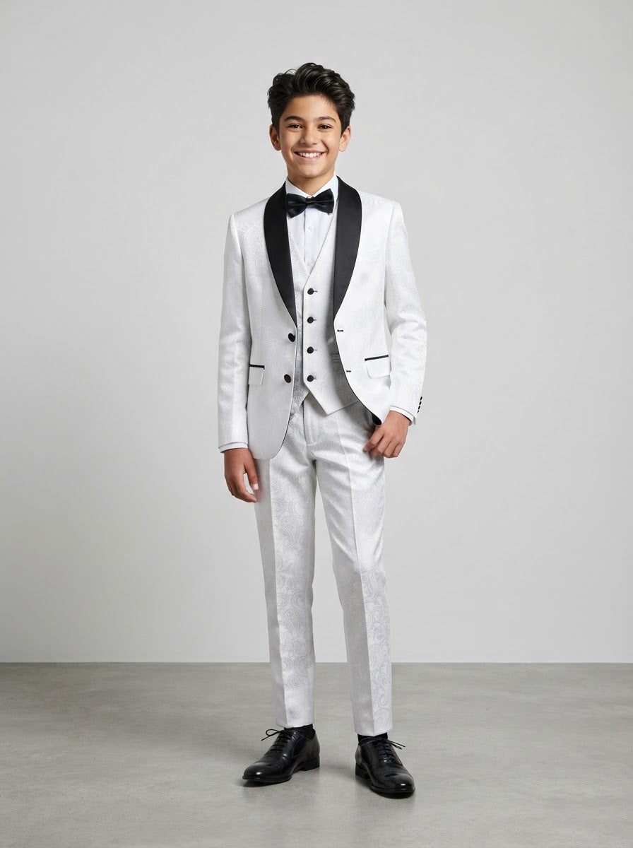 B391 Boy Paisley 5PC Suit Set — White Paisley w/ Satin Shawl Collar