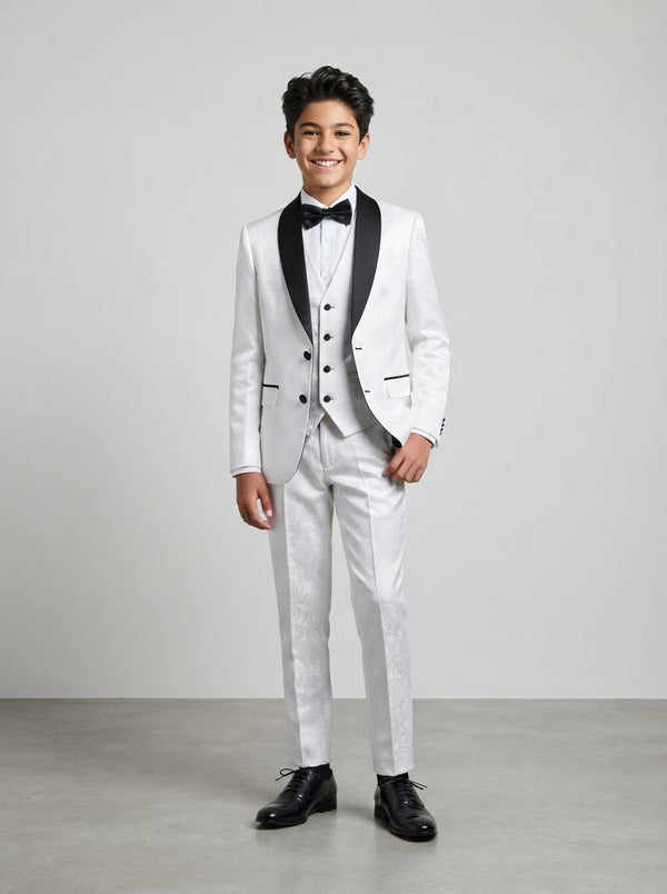 B391 Boy Paisley 5PC Suit Set — White Paisley w/ Satin Shawl Collar