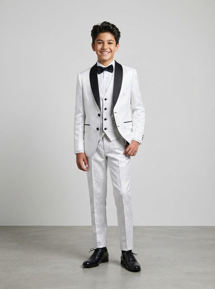 B391 Boy Paisley 5PC Suit Set — White Paisley w/ Satin Shawl Collar