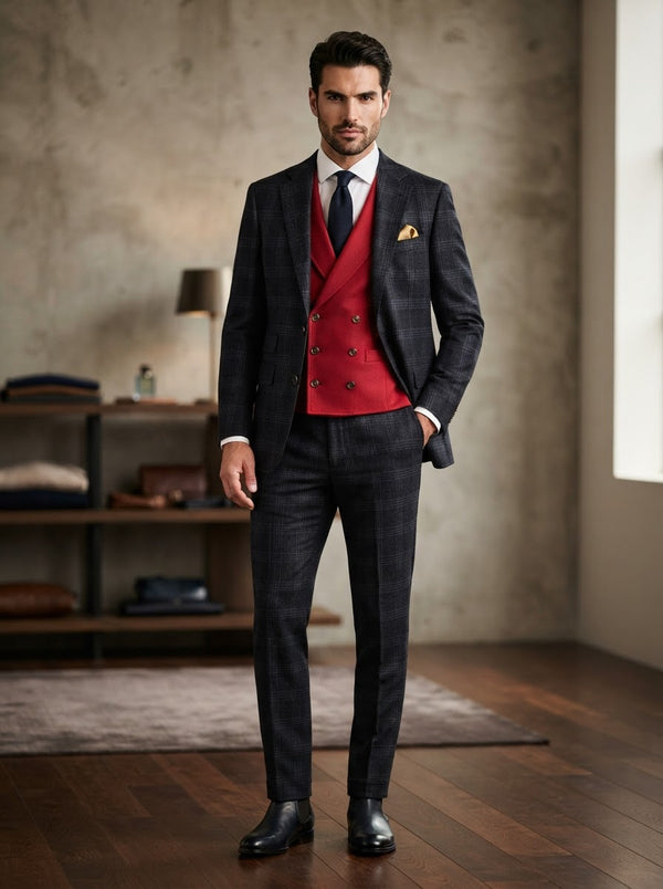 Hartford 3PC Tailored Suit Set — Black Red Plaid w/ Solid Red Contrast Vest