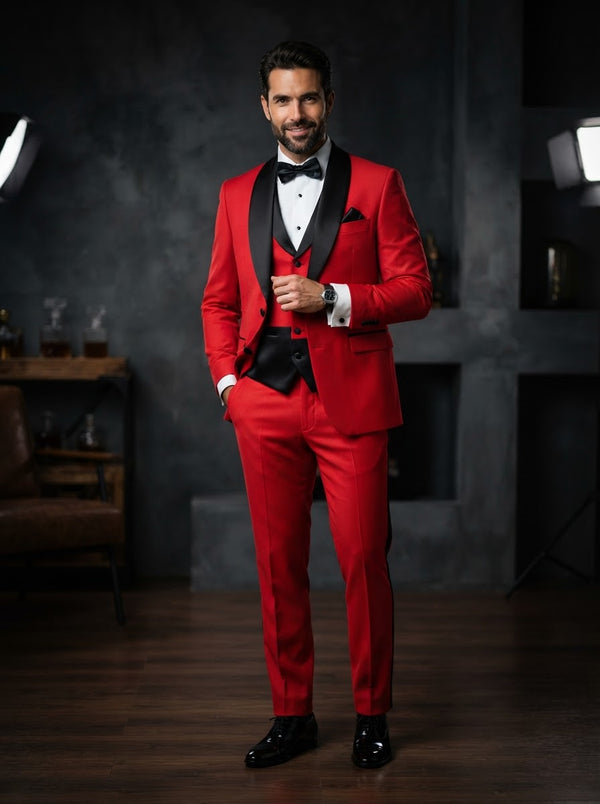 Caesar 3PC Tailored Fit Suit Set — Scarlet Red w/ Black Satin Lapel & Vest