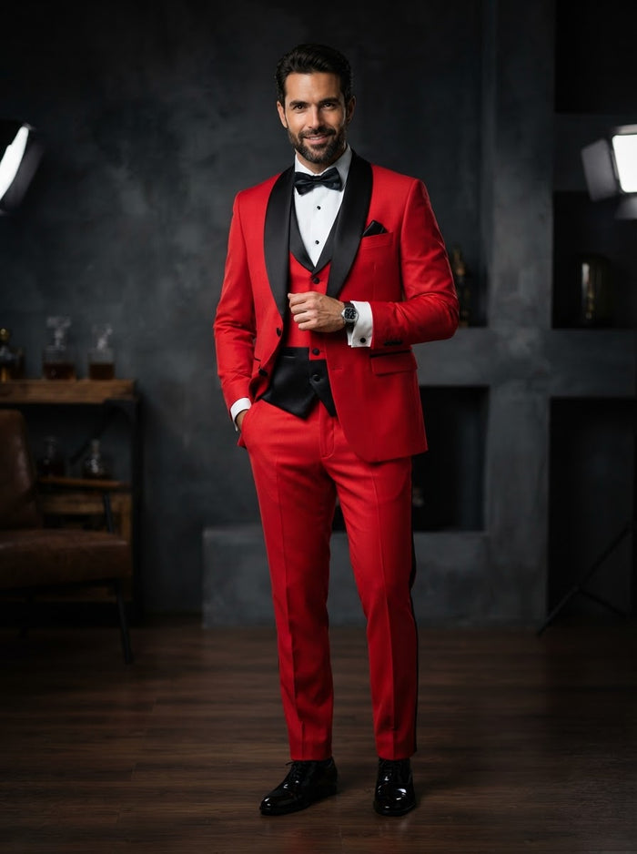 Caesar 3PC Tailored Fit Suit Set — Scarlet Red w/ Black Satin Lapel & Vest