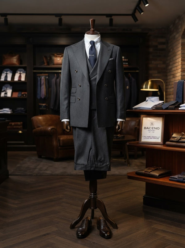 Baceno 3PC Double Breasted Suit — Charcoal Grey Super 200s Wool & Cashmere