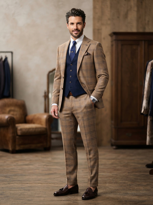 Firenze 3PC Tailored Plaid Suit — Camel Tan Check w/ Navy Contrast Vest