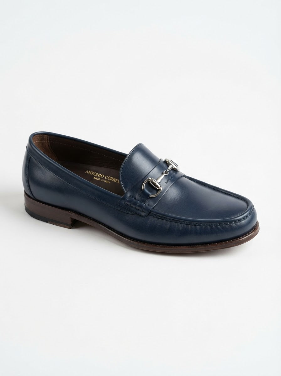 Antonio Cerrelli 7078 Moc Toe Bit Slip-On — Deep Navy Blue Burnished Leather w/ Metal Bit Accent