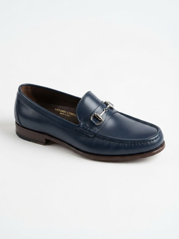 Antonio Cerrelli 7078 Moc Toe Bit Slip-On — Deep Navy Blue Burnished Leather w/ Metal Bit Accent
