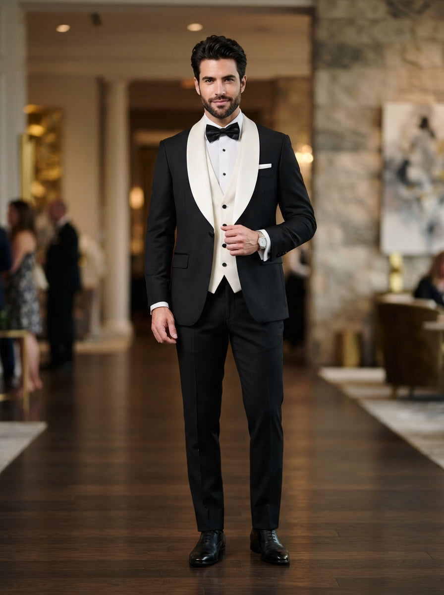 Arya 3PC Tailored Contrast Tuxedo — Black w/ Wide Ivory Shawl Lapel & Vest