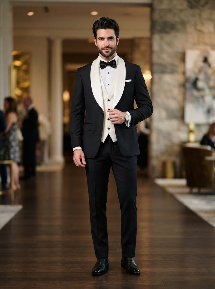 Arya 3PC Tailored Contrast Tuxedo — Black w/ Wide Ivory Shawl Lapel & Vest