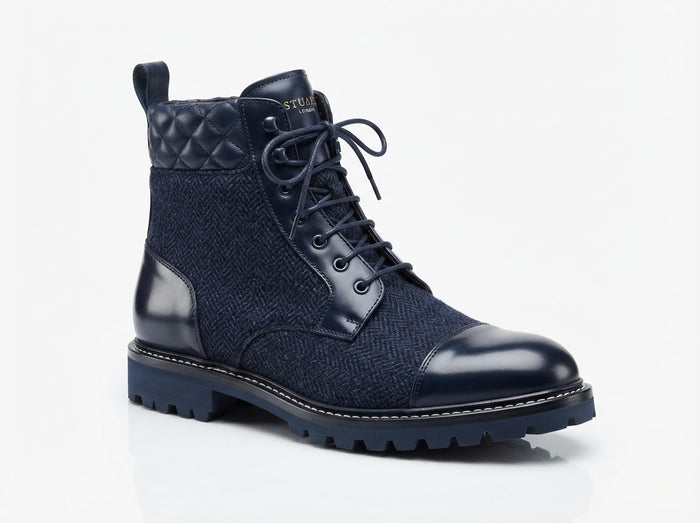 STUART Cap Toe Quilted Collar Boot — Navy Tweed & Polished Navy Leather w/ Lug Sole