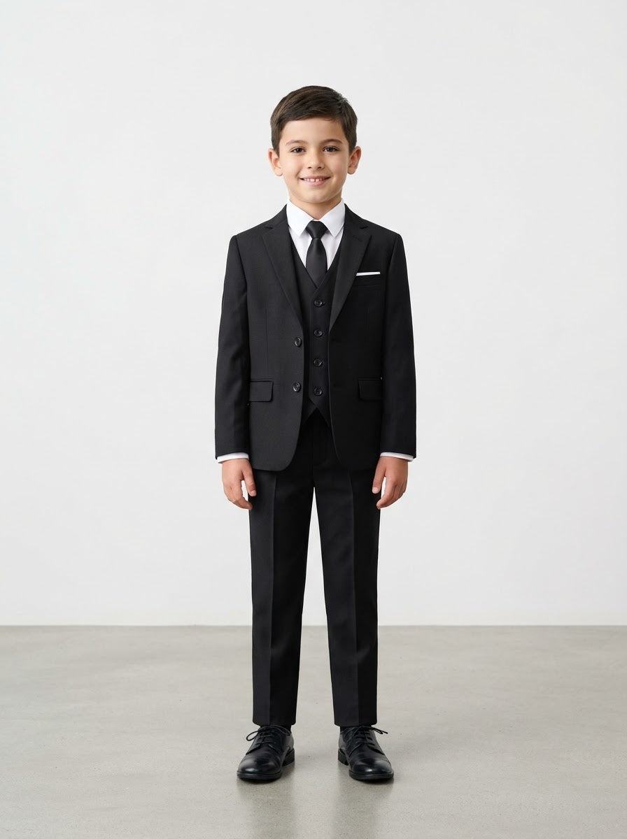 SB282 Boy Solid 5PC Suit Set — Black w/ Notch Lapel