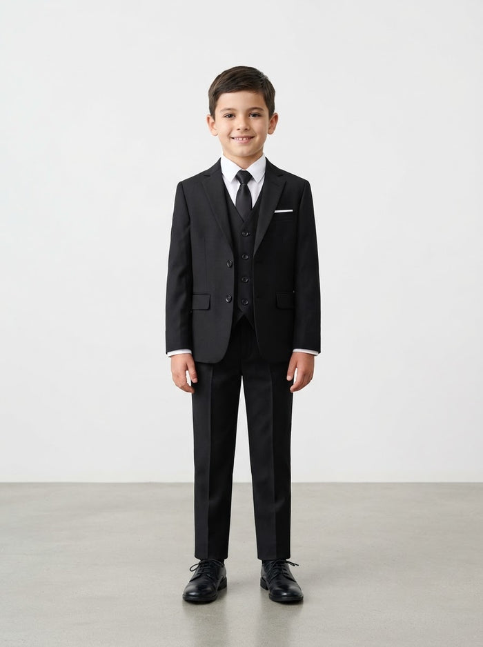 SB282 Boy Solid 5PC Suit Set — Black w/ Notch Lapel
