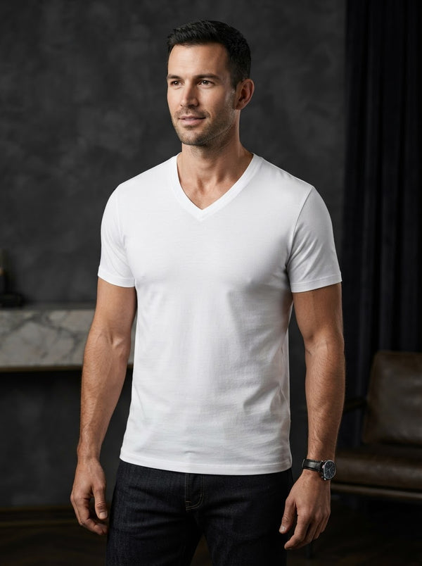 303V V-Neck Luxury Cotton Tee — Pure White