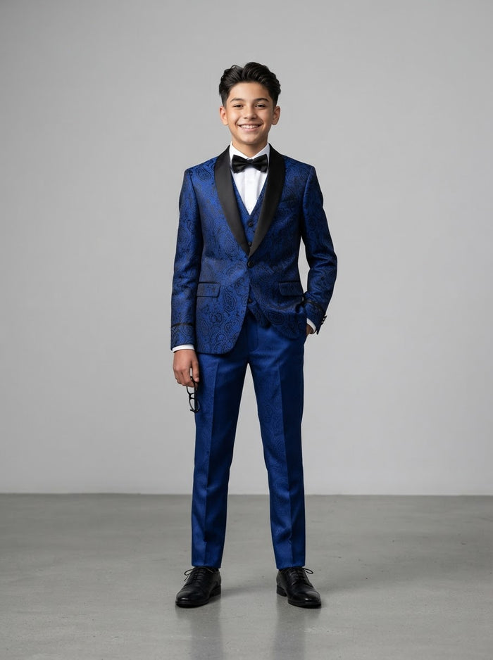 B391 Boy Paisley 5PC Suit Set — Royal Blue Paisley w/ Satin Shawl Collar