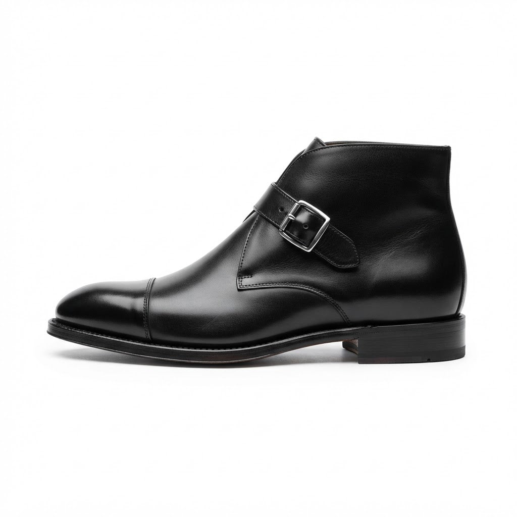 Vangelo 88233 Ankle Monk Strap Boot — Black Leather w/ Horizontal Buckle Strap