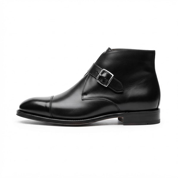 Vangelo 88233 Ankle Monk Strap Boot — Black Leather w/ Horizontal Buckle Strap