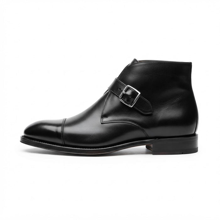 Vangelo 88233 Ankle Monk Strap Boot — Black Leather w/ Horizontal Buckle Strap