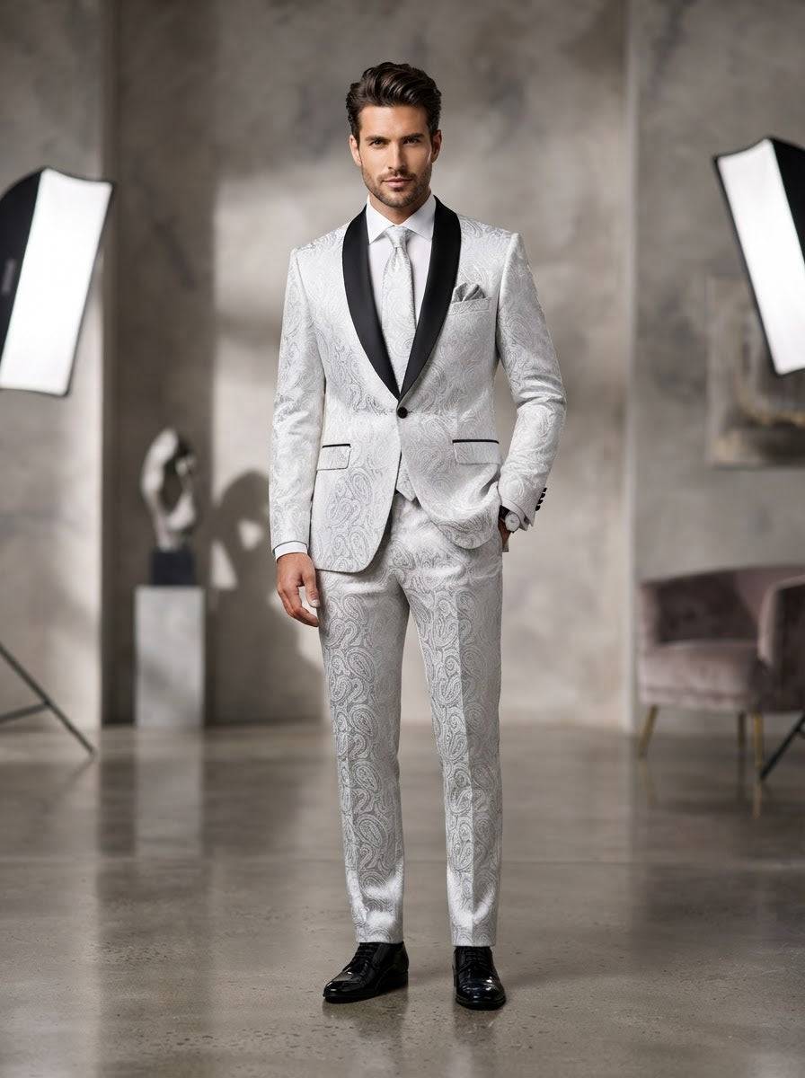MOD White / Silver Aries Paisley Slim Fit Tuxedo — White/Silver Paisley