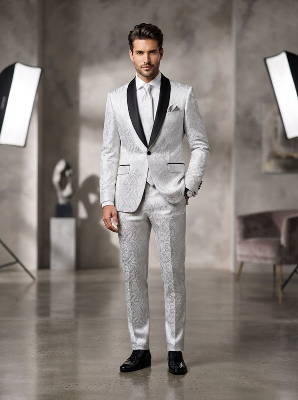 MOD White / Silver Aries Paisley Slim Fit Tuxedo — White/Silver Paisley