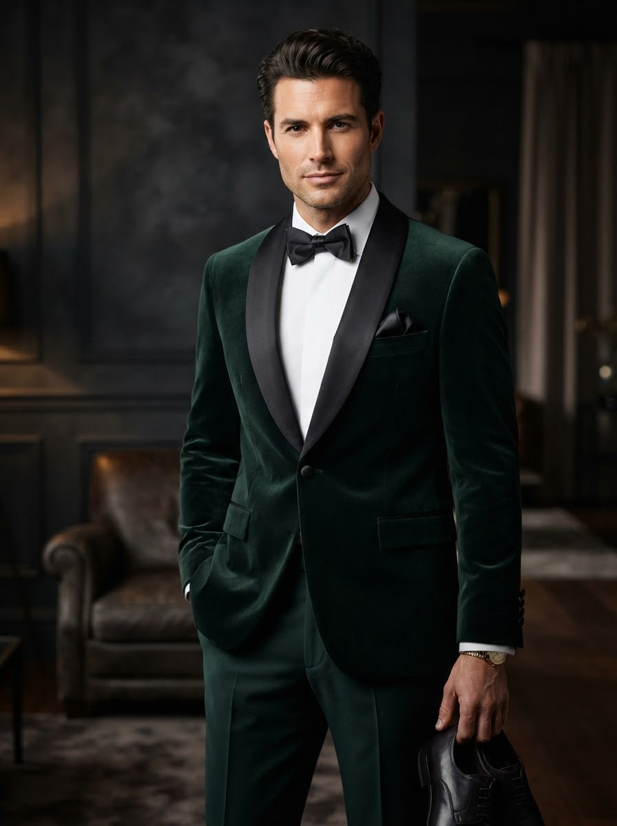 VL-100 Tailored 2PC Velvet Tuxedo — Hunter Green Velvet w/ Black Satin Lapel