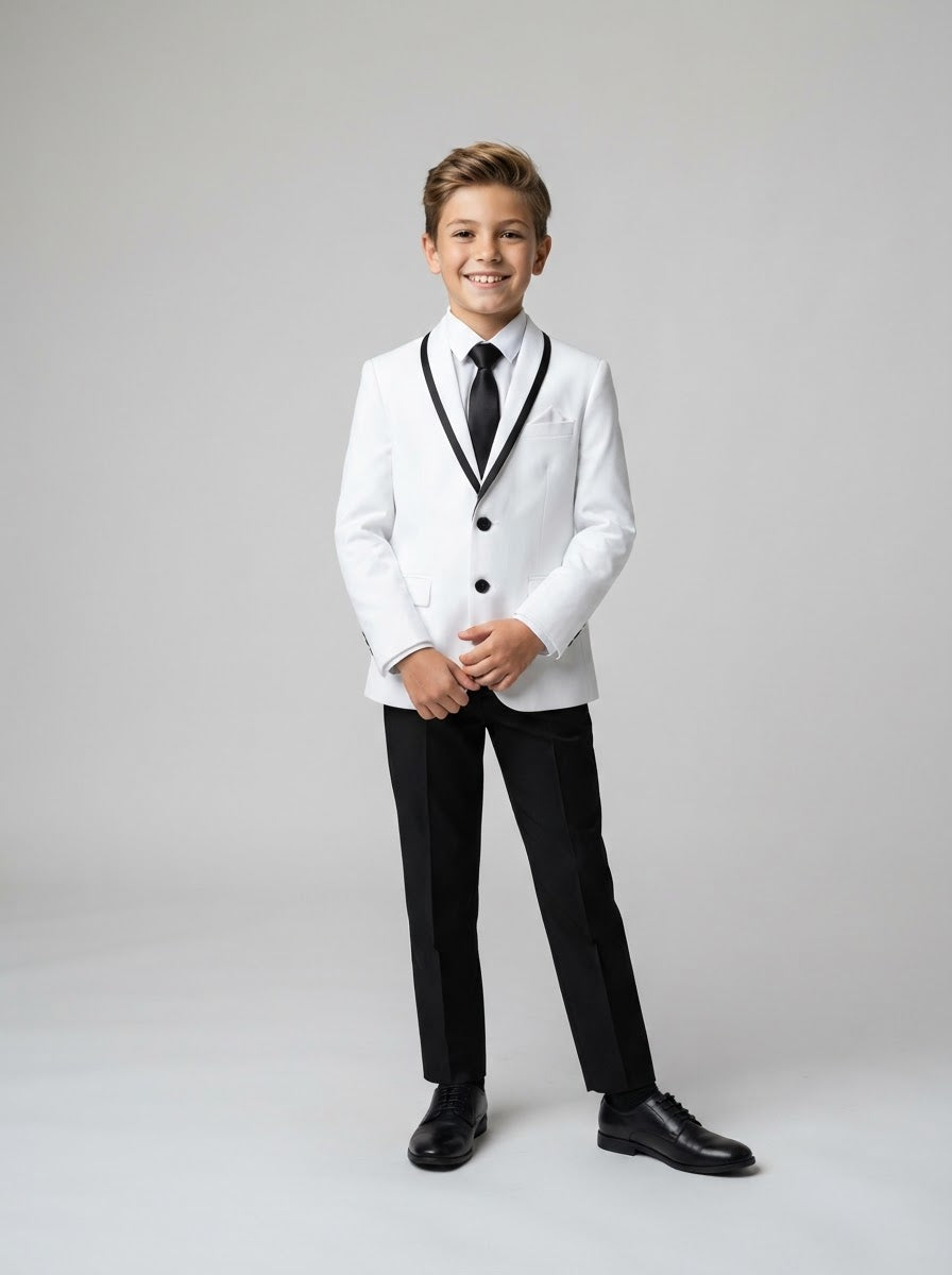 B369S Boy Solid 4PC Suit Set — White/Black w/ Satin Notch Lapel
