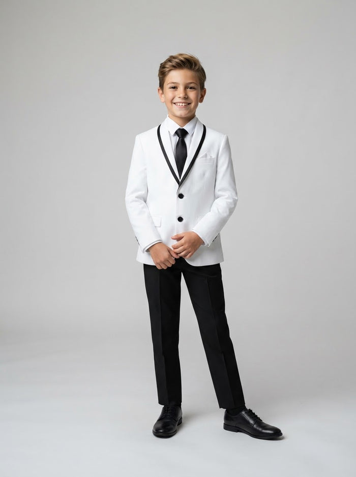 B369S Boy Solid 4PC Suit Set — White/Black w/ Satin Notch Lapel