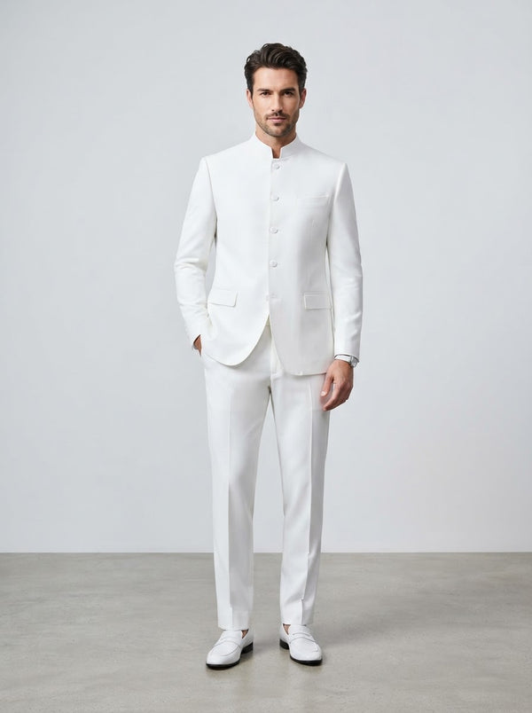 5HT Executive Banded Collar Suit — Pure White 5-Button Mandarin