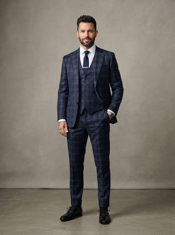 Gala 3PC Windowpane Plaid Suit — Navy & Sky Blue Check Plaid