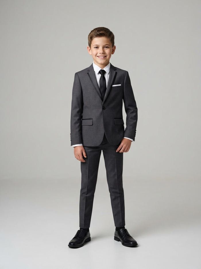 B369S Boy Solid 4PC Suit Set — Charcoal/Black w/ Satin Notch Lapel