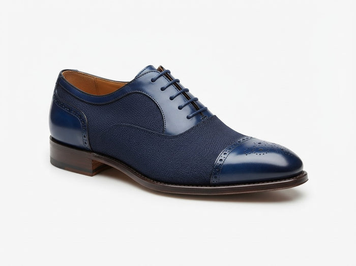 SINCLAIR Cap Toe Lace Oxford — Sapphire Blue & Navy Woven Panel w/ Cap Toe