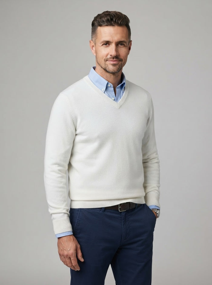Fine Knit V-Neck Sweater — White