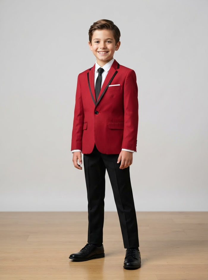 B369S Boy Solid 4PC Suit Set — Red w/ Black Satin Notch Lapel
