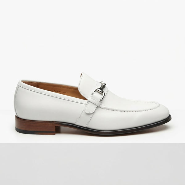 Vangelo 88251 Moc Toe Buckle Slip-On — Crisp White Leather w/ Silver Buckle