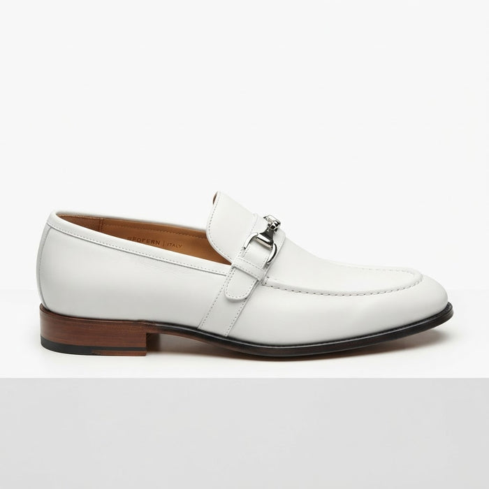Vangelo 88251 Moc Toe Buckle Slip-On — Crisp White Leather w/ Silver Buckle
