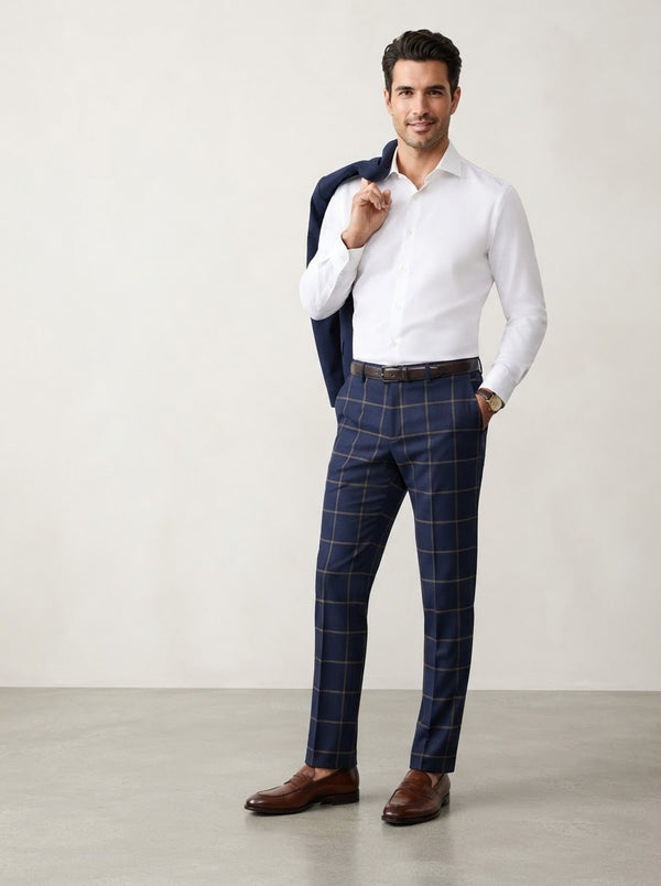 PL-300 Slim Fit Flat Front Plaid Dress Pants — Navy Blue / White Plaid